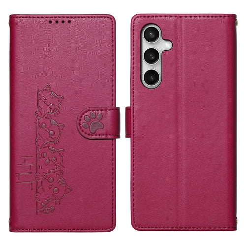 For Samsung Galaxy S26 FE Case Adorable Cat Pattern PU Leather Wallet Phone Cover with Wrist Strap - Rose - 1