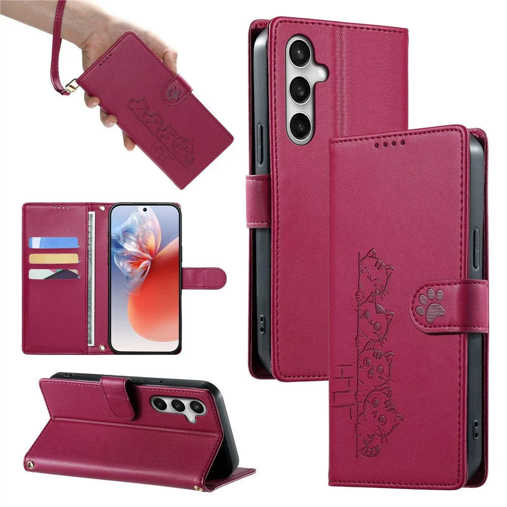 For Samsung Galaxy S26 FE Case Adorable Cat Pattern PU Leather Wallet Phone Cover with Wrist Strap - Rose - 5