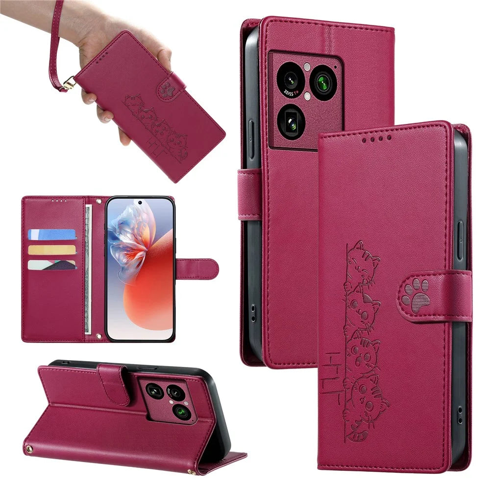 For Sony Xperia 1 VIII Case Adorable Cat Pattern PU Leather Wallet Phone Cover with Wrist Strap - Rose - 5