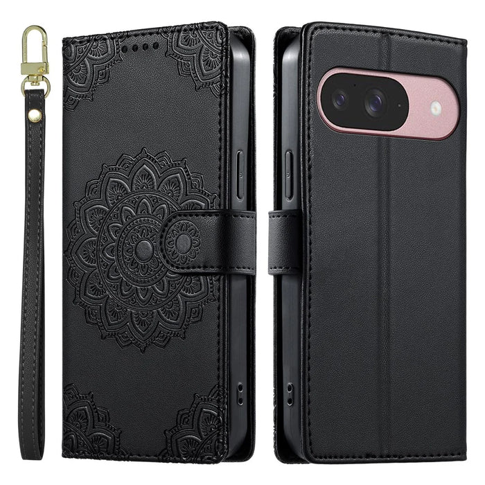 For Google Pixel 11 / Pixel 11 Pro Case Embossed Totem Leather Flip Wallet Phone Cover with Wrist Strap - Black - 1