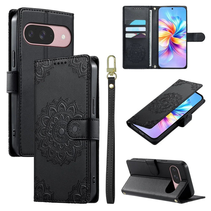 For Google Pixel 11 / Pixel 11 Pro Case Embossed Totem Leather Flip Wallet Phone Cover with Wrist Strap - Black - 4