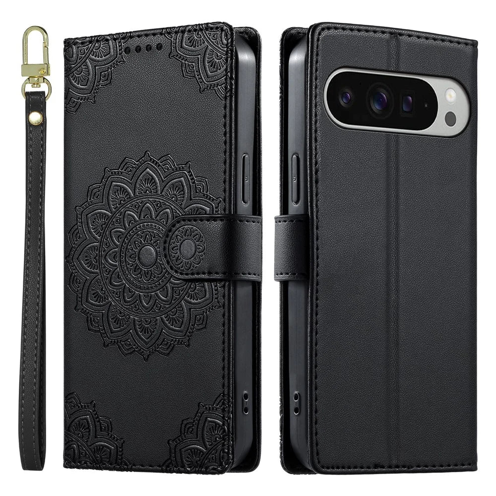 For Google Pixel 11 Pro XL Case Embossed Totem Leather Flip Wallet Phone Cover with Wrist Strap - Black - 1
