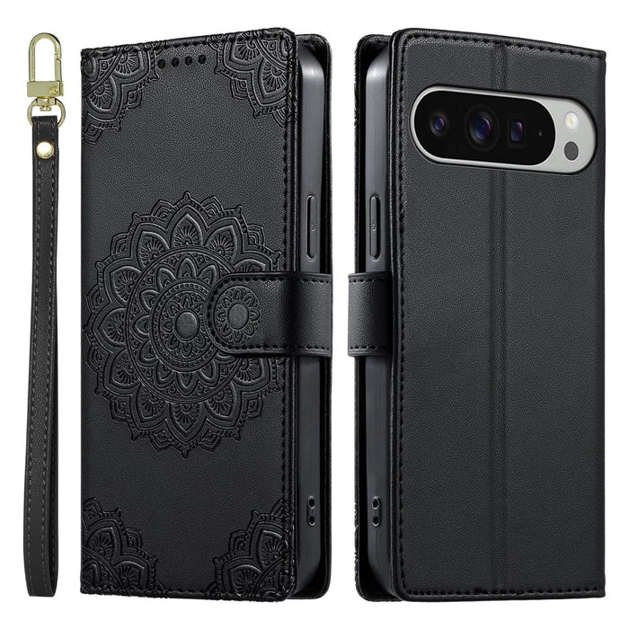 For Google Pixel 11 Pro XL Case Embossed Totem Leather Flip Wallet Phone Cover with Wrist Strap - Black - 1