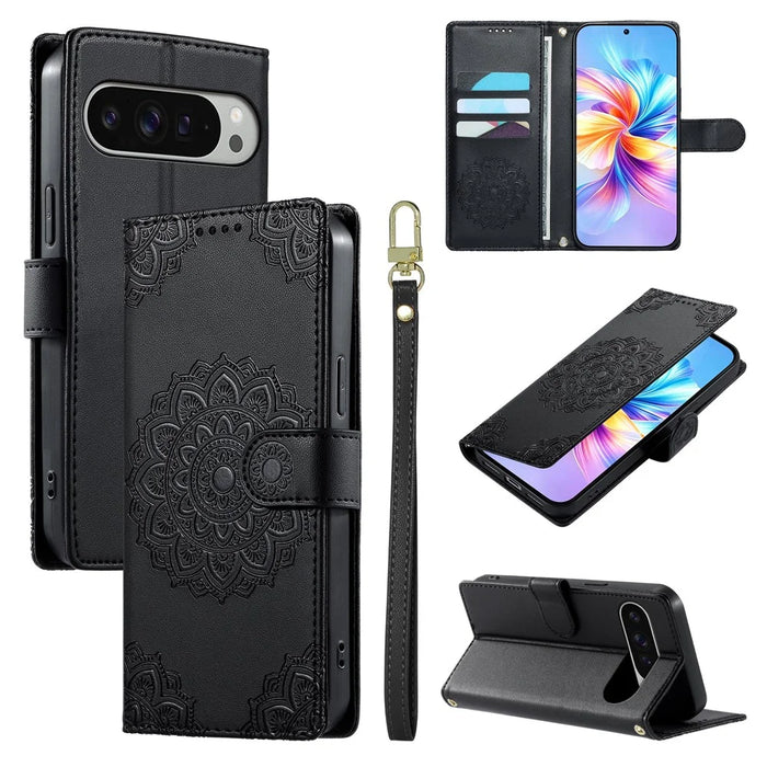 For Google Pixel 11 Pro XL Case Embossed Totem Leather Flip Wallet Phone Cover with Wrist Strap - Black - 4