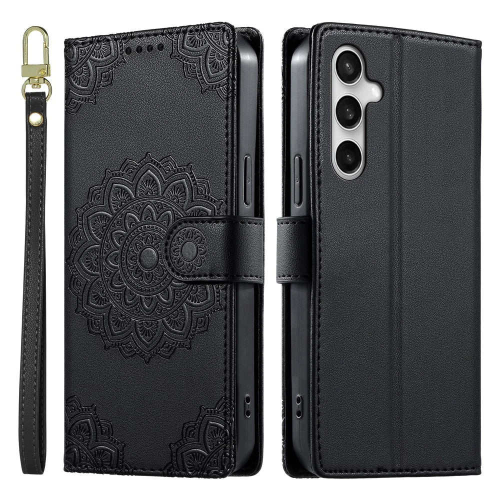 For Samsung Galaxy S26 FE Case Embossed Totem Leather Flip Wallet Phone Cover with Wrist Strap - Black - 1