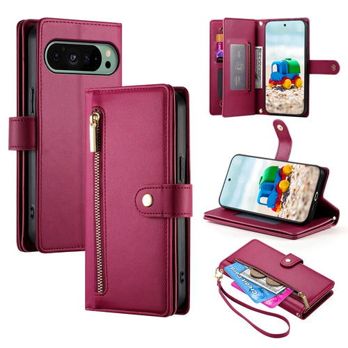 For Google Pixel 11  /  11 Pro Leather Case Zipper Pocket Wallet Phone Cover with Straps - Red - 1