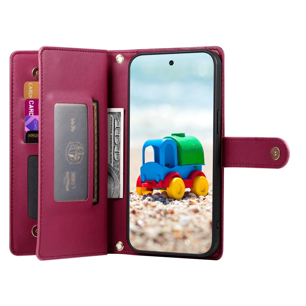 For Google Pixel 11  /  11 Pro Leather Case Zipper Pocket Wallet Phone Cover with Straps - Red - 2