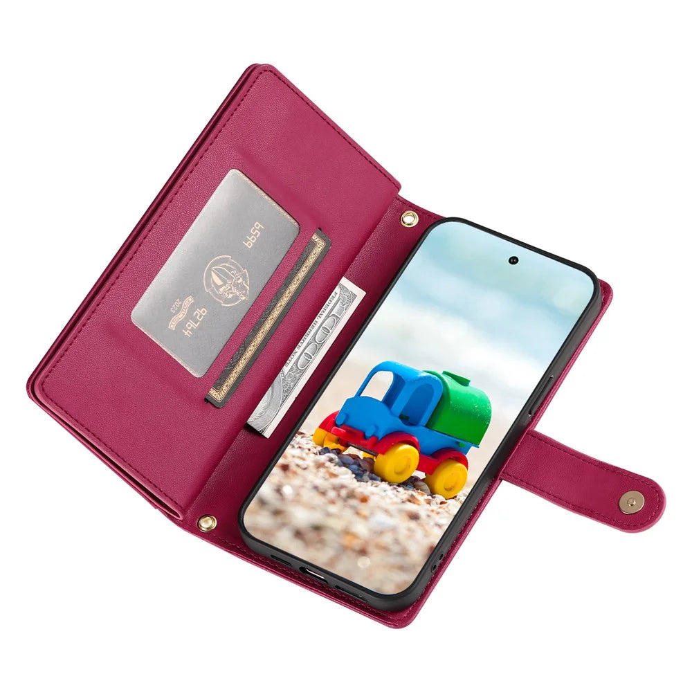 For Google Pixel 11  /  11 Pro Leather Case Zipper Pocket Wallet Phone Cover with Straps - Red - 3