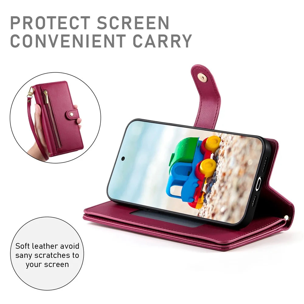 For Google Pixel 11  /  11 Pro Leather Case Zipper Pocket Wallet Phone Cover with Straps - Red - 5