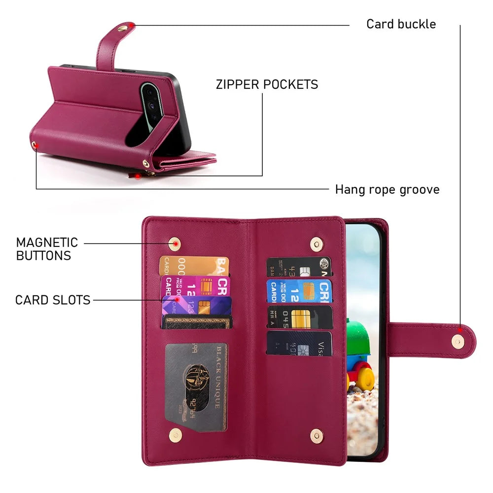 For Google Pixel 11  /  11 Pro Leather Case Zipper Pocket Wallet Phone Cover with Straps - Red - 7