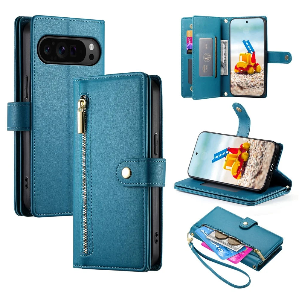 For Google Pixel 11 Pro XL Leather Case Zipper Pocket Wallet Phone Cover with Straps - Blue - 1