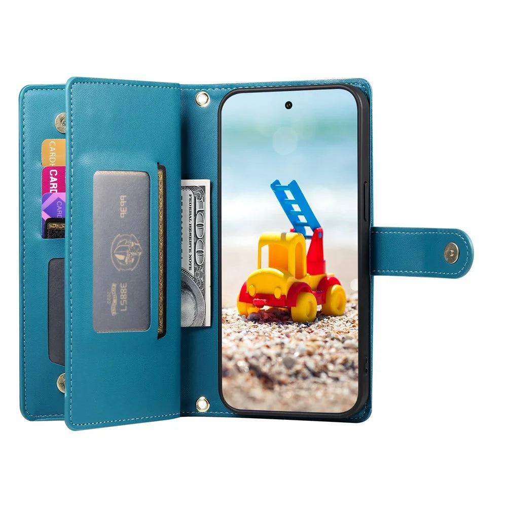 For Google Pixel 11 Pro XL Leather Case Zipper Pocket Wallet Phone Cover with Straps - Blue - 2