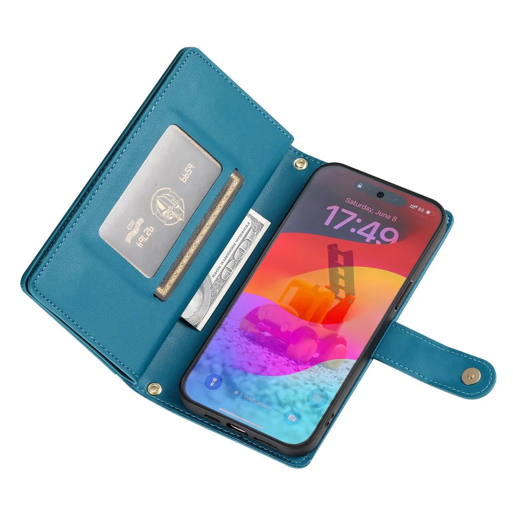 For Google Pixel 11 Pro XL Leather Case Zipper Pocket Wallet Phone Cover with Straps - Blue - 3