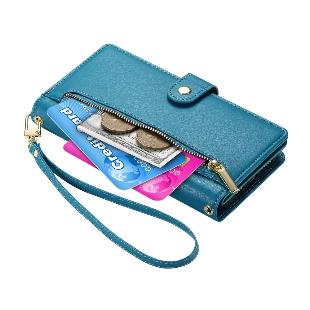 For Google Pixel 11 Pro XL Leather Case Zipper Pocket Wallet Phone Cover with Straps - Blue - 4