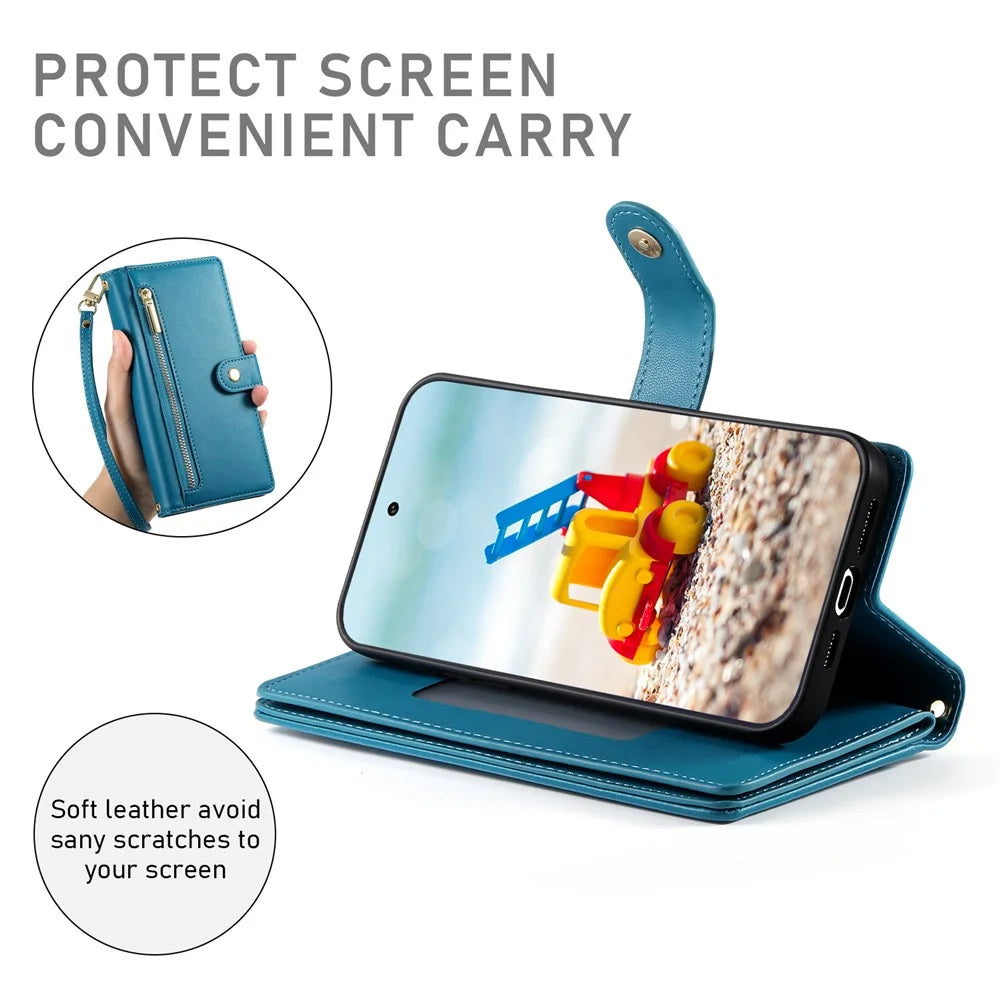 For Google Pixel 11 Pro XL Leather Case Zipper Pocket Wallet Phone Cover with Straps - Blue - 5