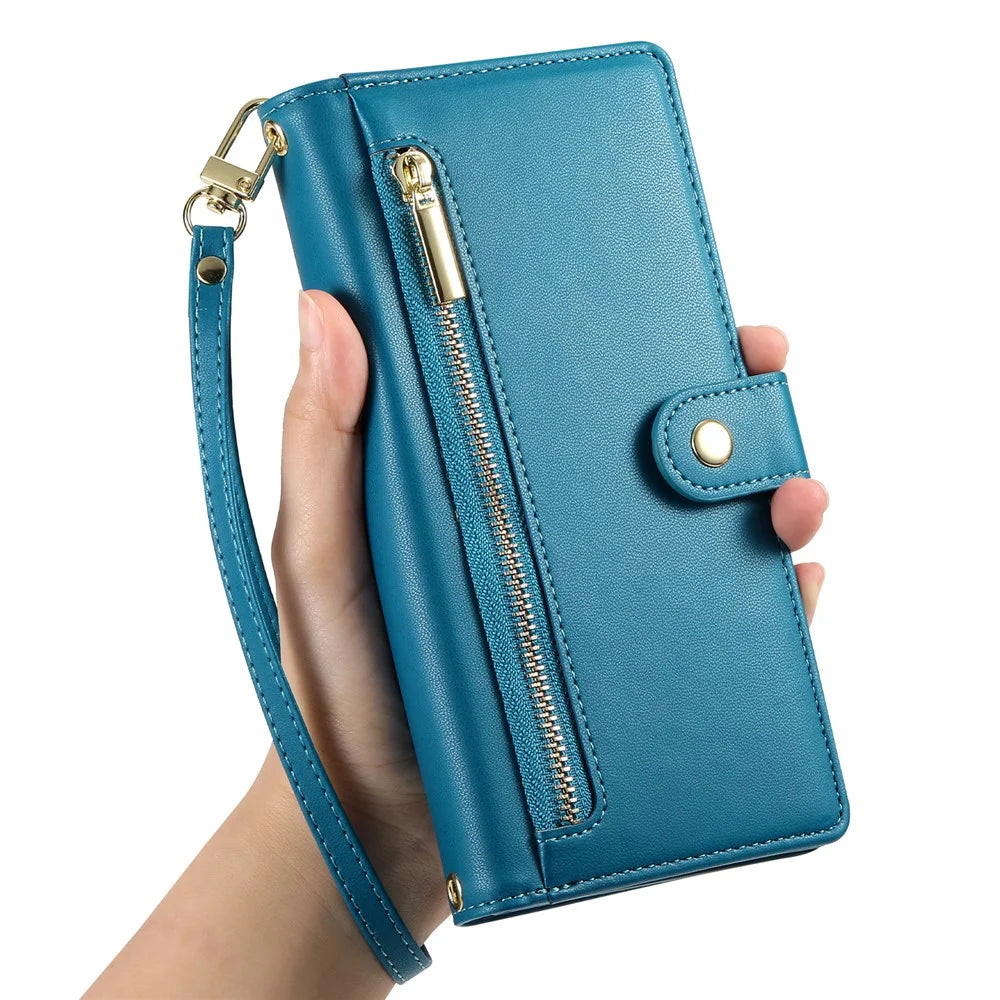 For Google Pixel 11 Pro XL Leather Case Zipper Pocket Wallet Phone Cover with Straps - Blue - 6