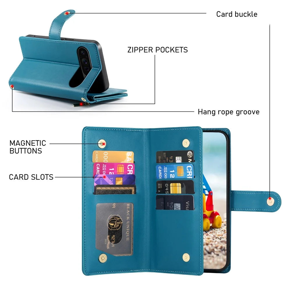 For Google Pixel 11 Pro XL Leather Case Zipper Pocket Wallet Phone Cover with Straps - Blue - 7
