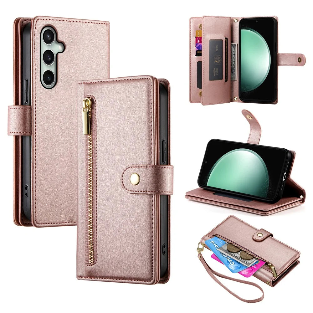 For Samsung Galaxy S26 FE Leather Case Zipper Pocket Wallet Phone Cover with Straps - Pink - 1
