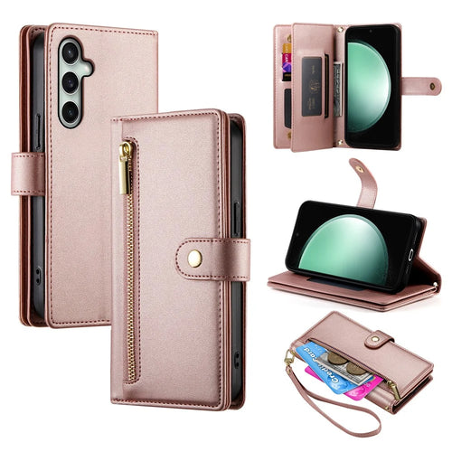 For Samsung Galaxy S26 FE Leather Case Zipper Pocket Wallet Phone Cover with Straps - Pink - 1