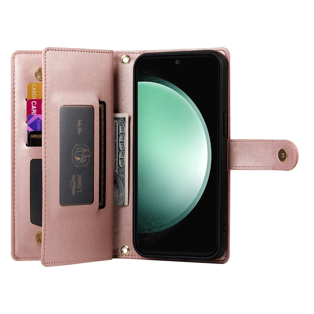 For Samsung Galaxy S26 FE Leather Case Zipper Pocket Wallet Phone Cover with Straps - Pink - 2