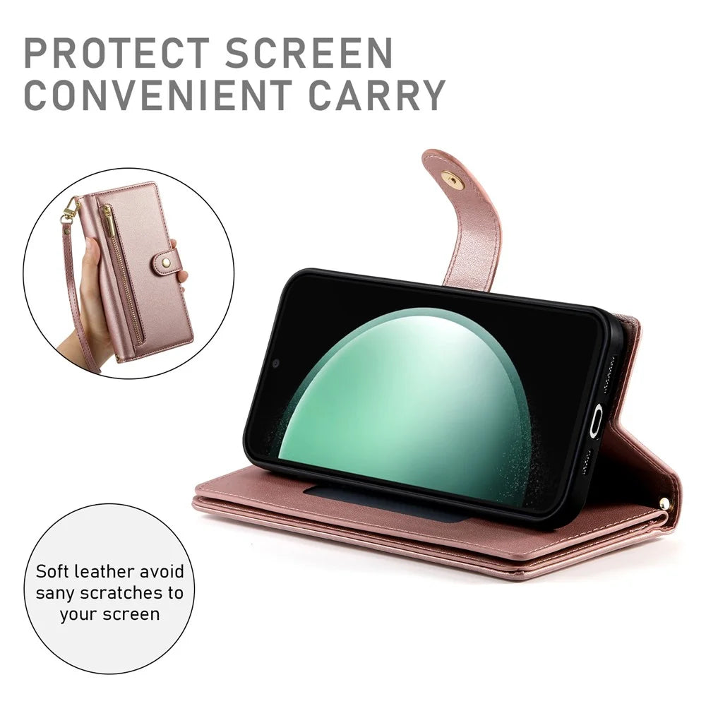 For Samsung Galaxy S26 FE Leather Case Zipper Pocket Wallet Phone Cover with Straps - Pink - 5