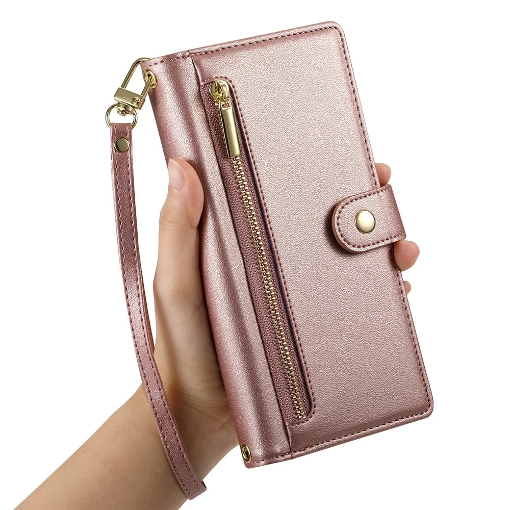 For Samsung Galaxy S26 FE Leather Case Zipper Pocket Wallet Phone Cover with Straps - Pink - 6