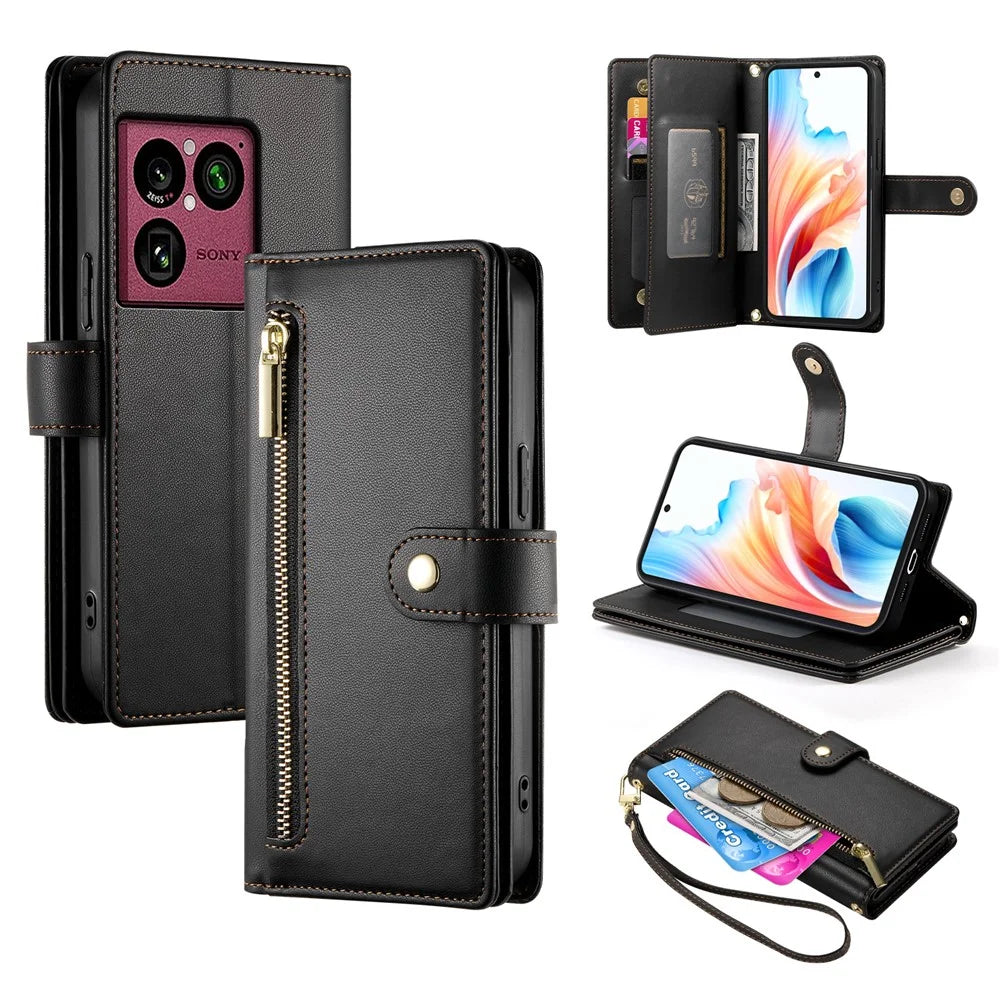 For Sony Xperia 1 VIII Leather Case Zipper Pocket Wallet Phone Cover with Straps - Black - 1