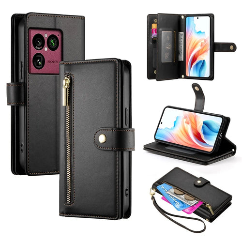 For Sony Xperia 1 VIII Leather Case Zipper Pocket Wallet Phone Cover with Straps - Black - 1