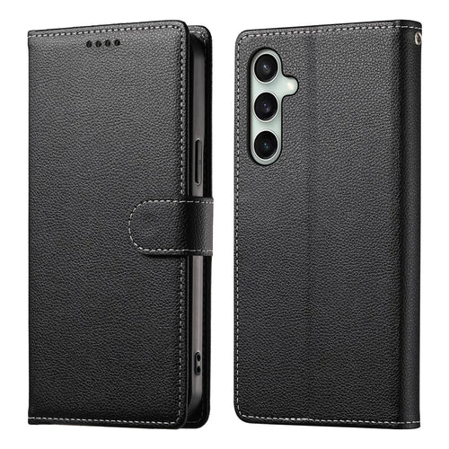 For Samsung Galaxy S26 FE Case Magnetic Snap Litchi Texture Leather Wallet Phone Cover with Wrist Strap - Black - 1