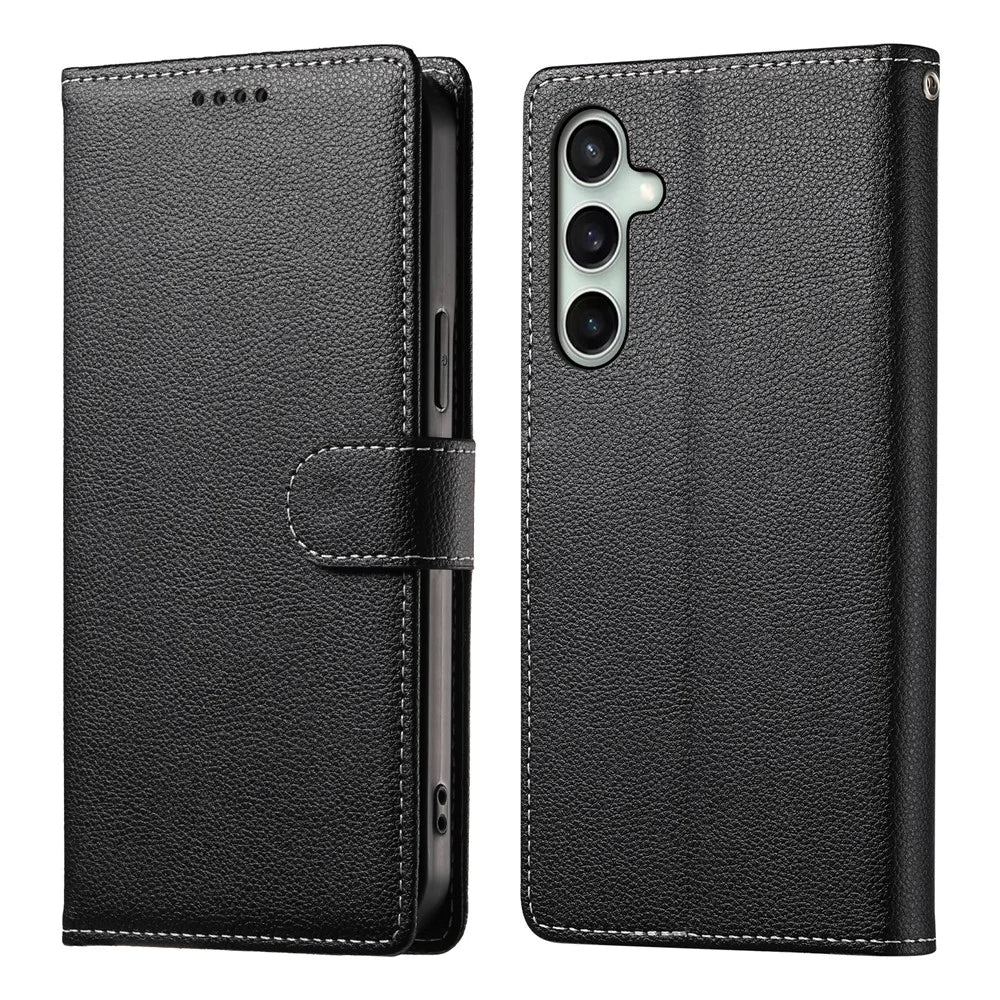 For Samsung Galaxy S26 FE Case Magnetic Snap Litchi Texture Leather Wallet Phone Cover with Wrist Strap - Black - 1