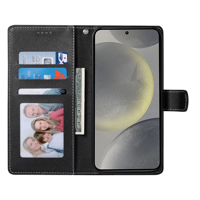 For Samsung Galaxy S26 FE Case Magnetic Snap Litchi Texture Leather Wallet Phone Cover with Wrist Strap - Black - 2
