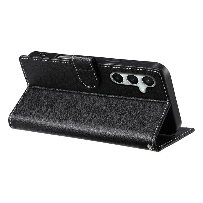 For Samsung Galaxy S26 FE Case Magnetic Snap Litchi Texture Leather Wallet Phone Cover with Wrist Strap - Black - 3