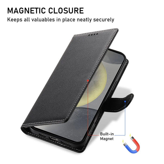 For Samsung Galaxy S26 FE Case Magnetic Snap Litchi Texture Leather Wallet Phone Cover with Wrist Strap - Black - 5
