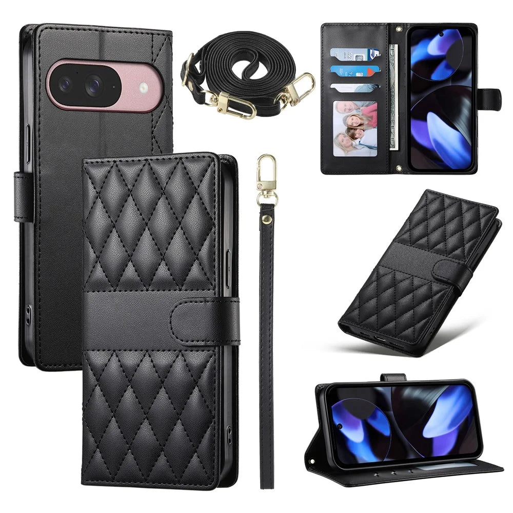 For Google Pixel 11  /  11 Pro Wallet Case Rhombus Stitching Stand Leather Phone Cover with Long   /   Short Strap - Black - 1