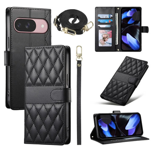 For Google Pixel 11  /  11 Pro Wallet Case Rhombus Stitching Stand Leather Phone Cover with Long   /   Short Strap - Black - 1
