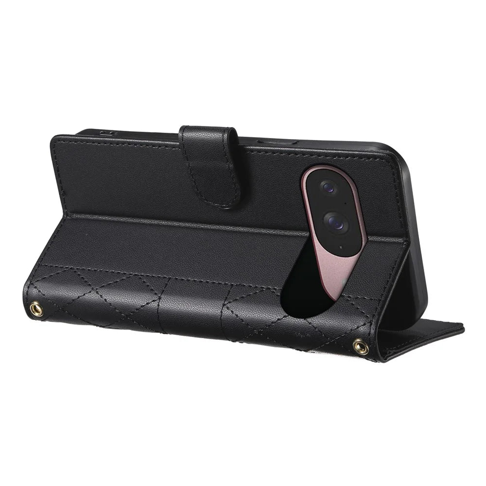 For Google Pixel 11  /  11 Pro Wallet Case Rhombus Stitching Stand Leather Phone Cover with Long   /   Short Strap - Black - 3