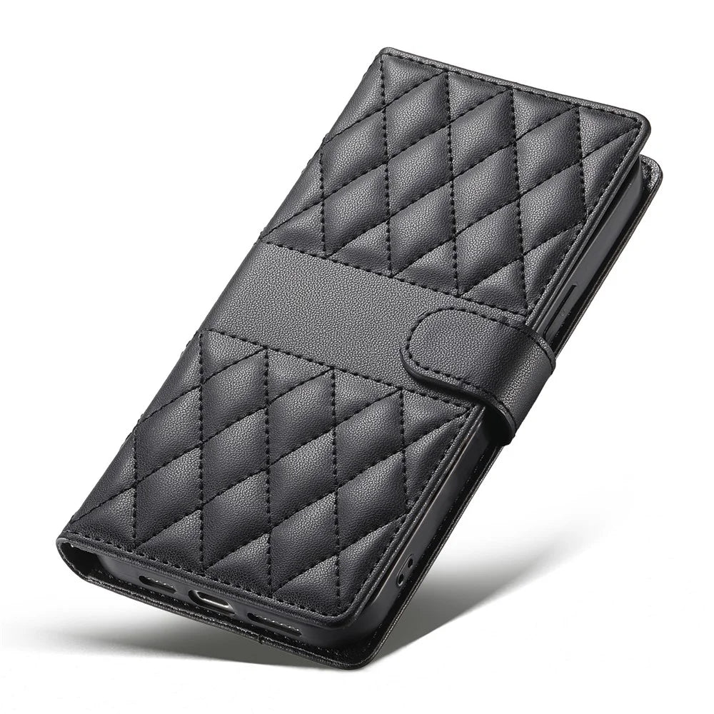 For Google Pixel 11  /  11 Pro Wallet Case Rhombus Stitching Stand Leather Phone Cover with Long   /   Short Strap - Black - 5