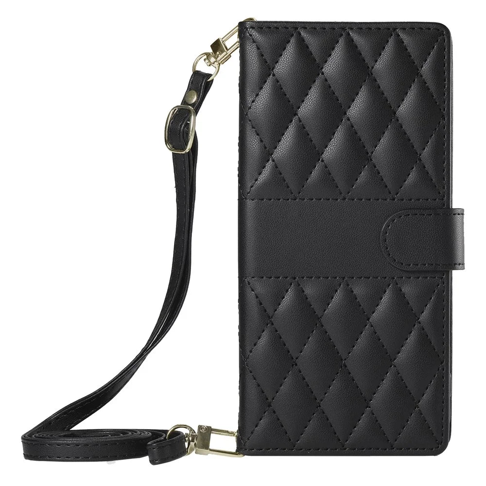 For Google Pixel 11  /  11 Pro Wallet Case Rhombus Stitching Stand Leather Phone Cover with Long   /   Short Strap - Black - 6