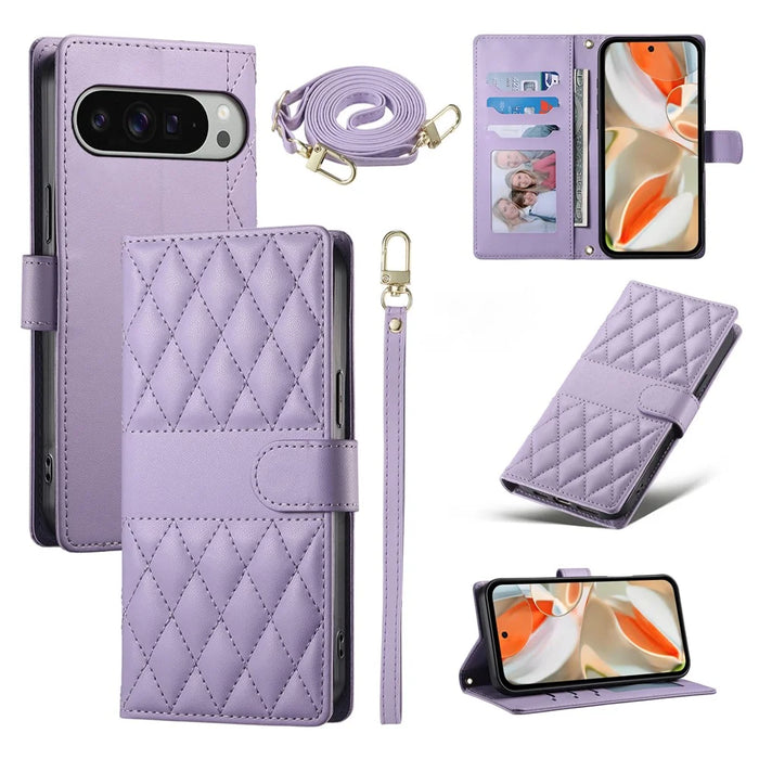 For Google Pixel 11 Pro XL Wallet Case Rhombus Stitching Stand Leather Phone Cover with Long   /   Short Strap - Purple - 1