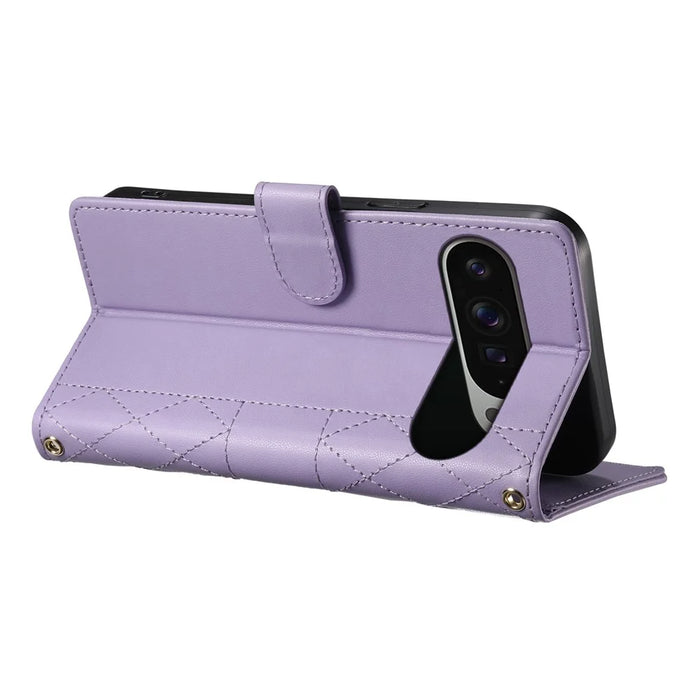 For Google Pixel 11 Pro XL Wallet Case Rhombus Stitching Stand Leather Phone Cover with Long   /   Short Strap - Purple - 3