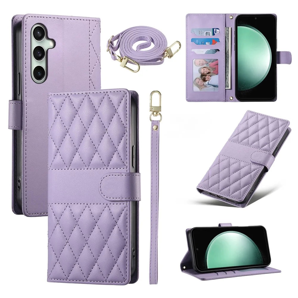 For Samsung Galaxy S26 FE Wallet Case Rhombus Stitching Stand Leather Phone Cover with Long   /   Short Strap - Purple - 1