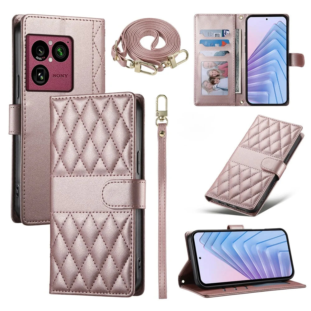For Sony Xperia 1 VIII Wallet Case Rhombus Stitching Stand Leather Phone Cover with Long   /   Short Strap - Rose Gold - 1