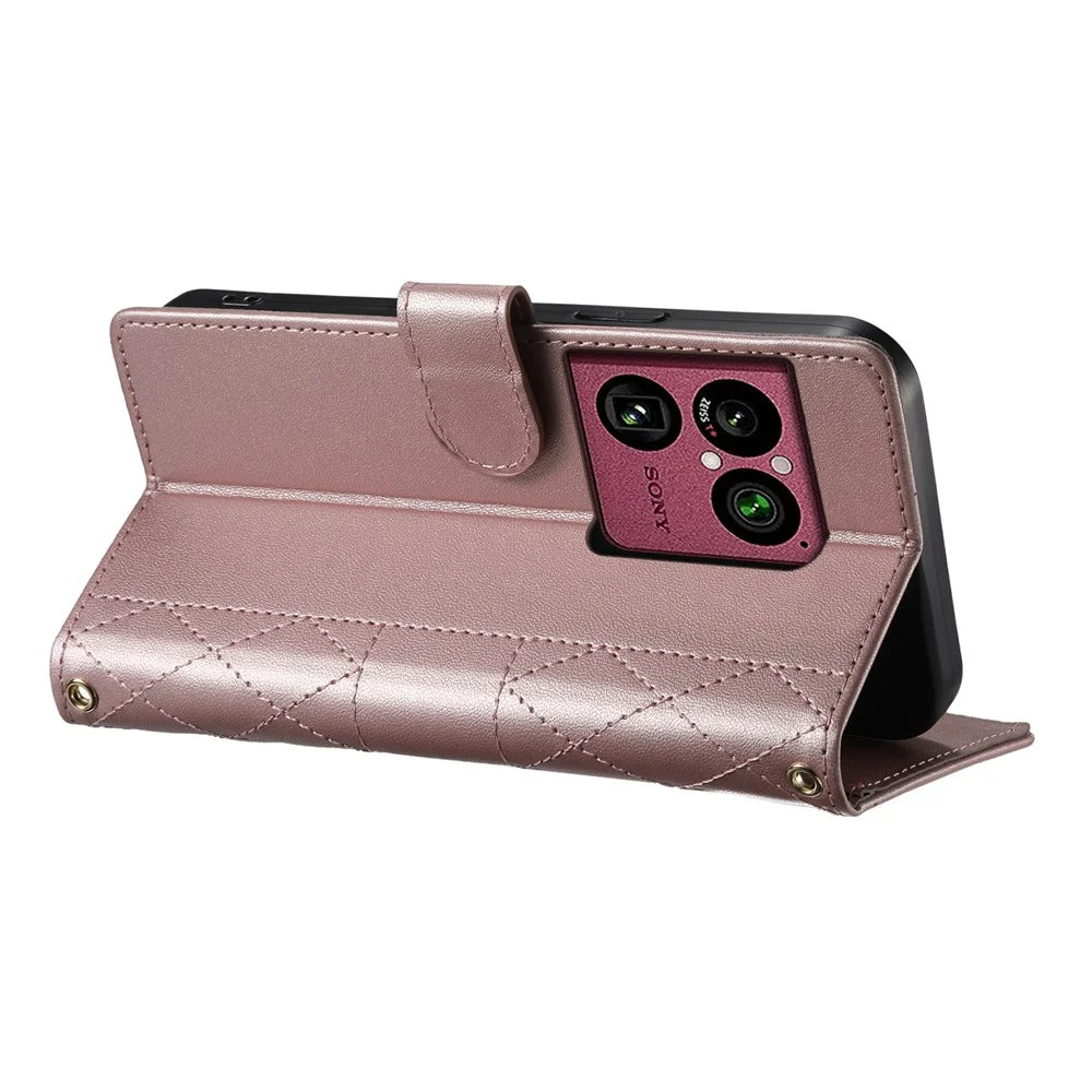 For Sony Xperia 1 VIII Wallet Case Rhombus Stitching Stand Leather Phone Cover with Long   /   Short Strap - Rose Gold - 3