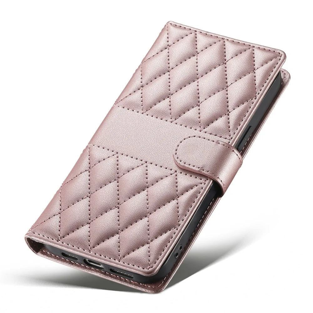 For Sony Xperia 1 VIII Wallet Case Rhombus Stitching Stand Leather Phone Cover with Long   /   Short Strap - Rose Gold - 5