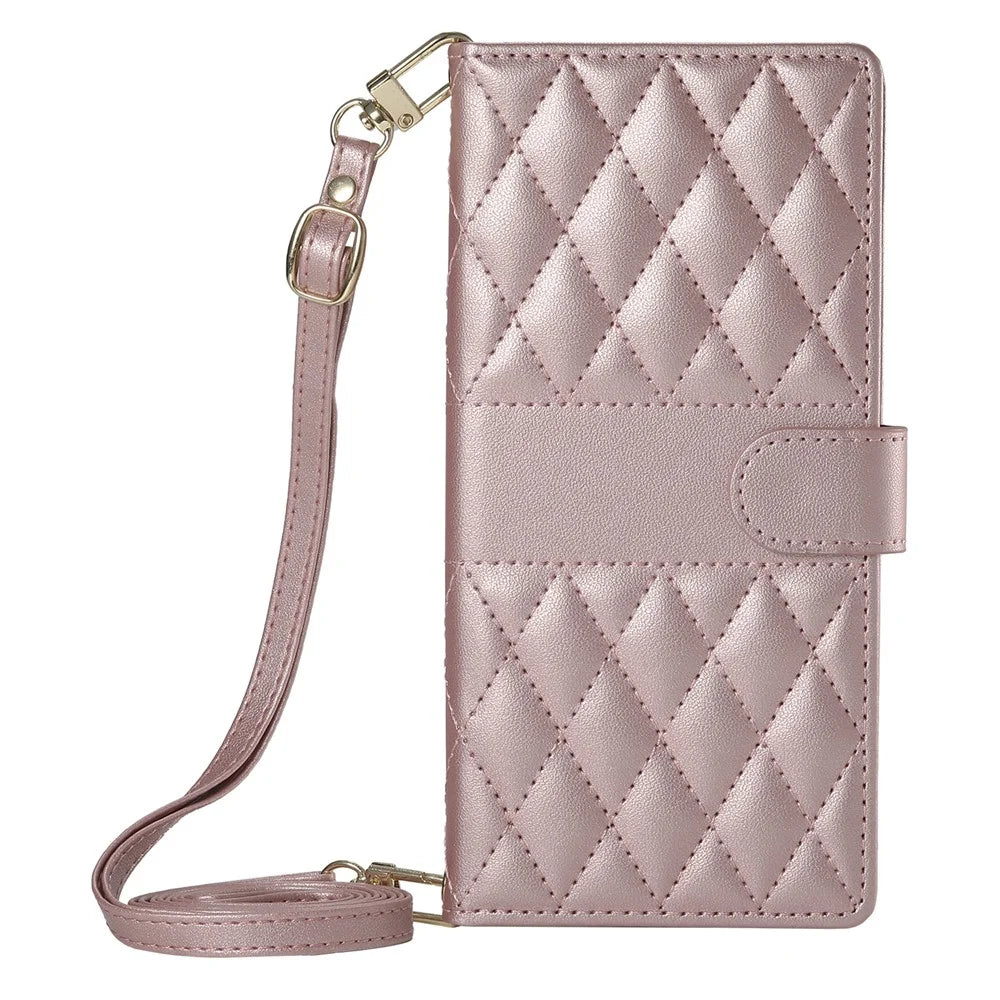For Sony Xperia 1 VIII Wallet Case Rhombus Stitching Stand Leather Phone Cover with Long   /   Short Strap - Rose Gold - 6