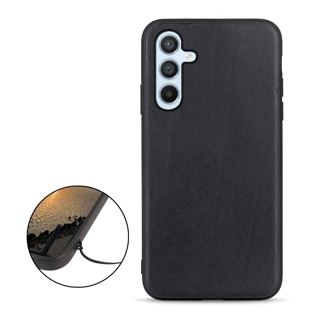 For Samsung Galaxy A54 5G Textured Genuine Leather Coated TPU Case Drop Protection Protective Phone Cover - Black - 2
