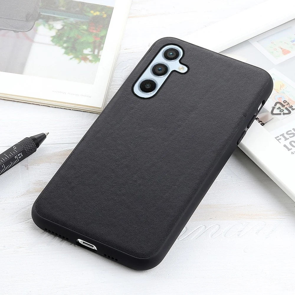 For Samsung Galaxy A54 5G Textured Genuine Leather Coated TPU Case Drop Protection Protective Phone Cover - Black - 3