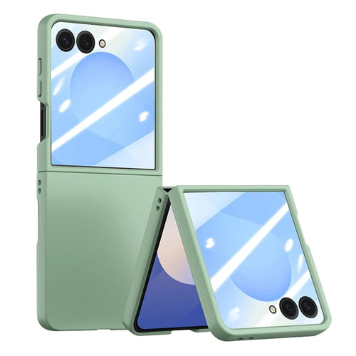 For Samsung Galaxy Z Flip8 Phone Case Hinge Design PC Cover with Tempered Glass Rear Screen Protector - Light Green - 1