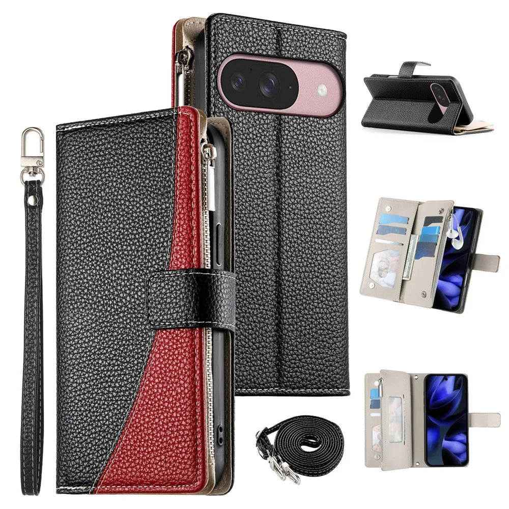 For Google Pixel 11 / Pixel 11 Pro Leather Case Zipper Wallet Color Splicing Flip Phone Cover with Straps - Black - 1