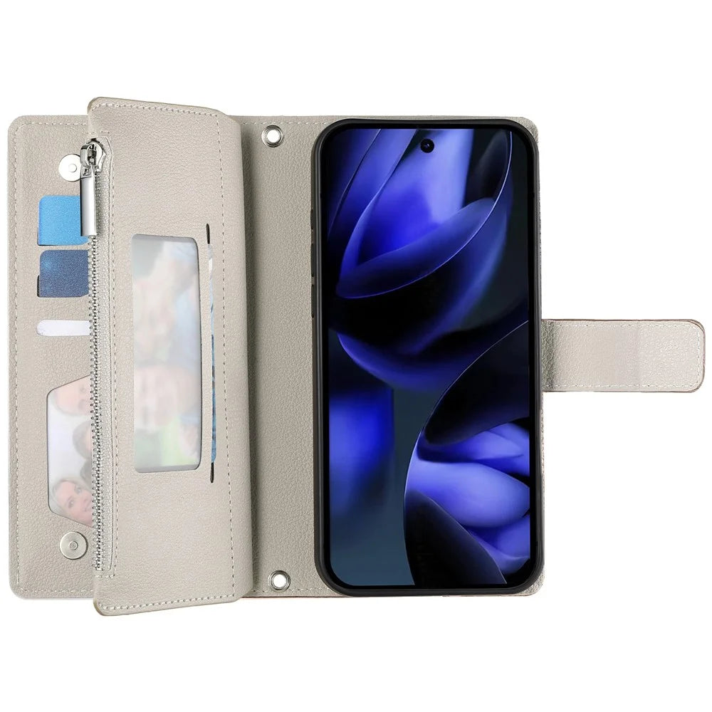 For Google Pixel 11 / Pixel 11 Pro Leather Case Zipper Wallet Color Splicing Flip Phone Cover with Straps - Black - 2